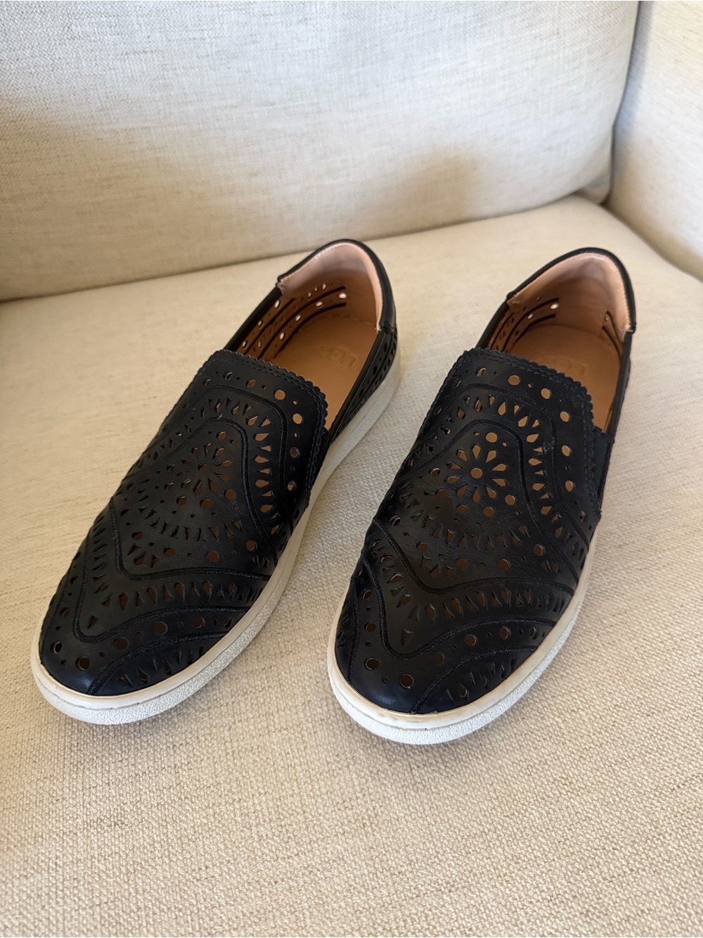 Like New UGG Black Perforated Leather Slip-Ons